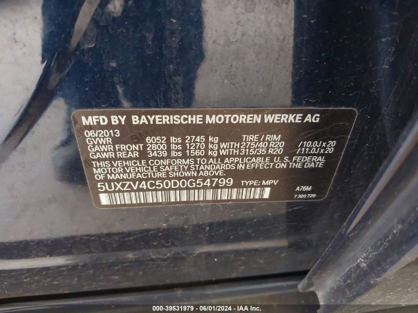 2013 BMW X5 xDrive35I VIN: 5UXZV4C50D0G54799 Lot: 39531979