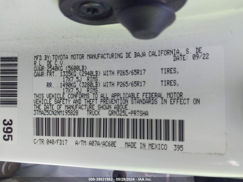 2022 Toyota Tacoma Trd Sport VIN: 3TMAZ5CN2NM195828 Lot: 39531982
