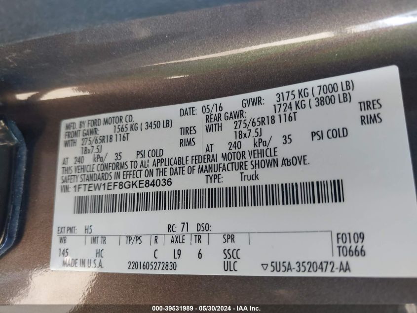 2016 Ford F-150 Lariat VIN: 1FTEW1EF8GKE84036 Lot: 39531989