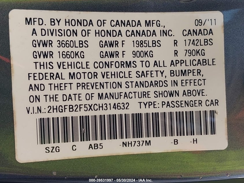 2012 Honda Civic Lx VIN: 2HGFB2F5XCH314632 Lot: 39531997