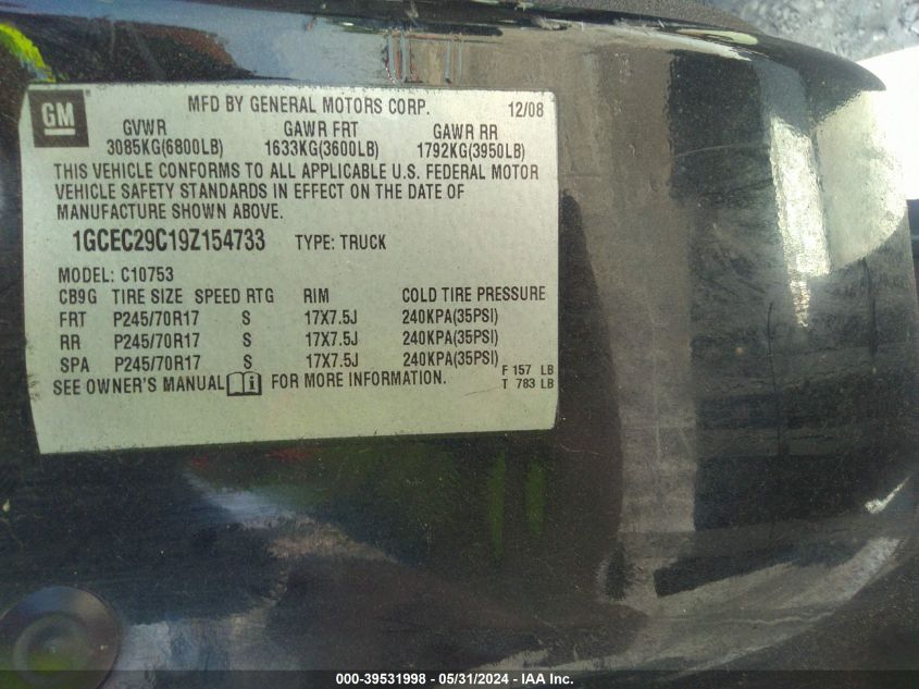 2009 Chevrolet Silverado 1500 Lt VIN: 1GCBC29C19Z154733 Lot: 39531998