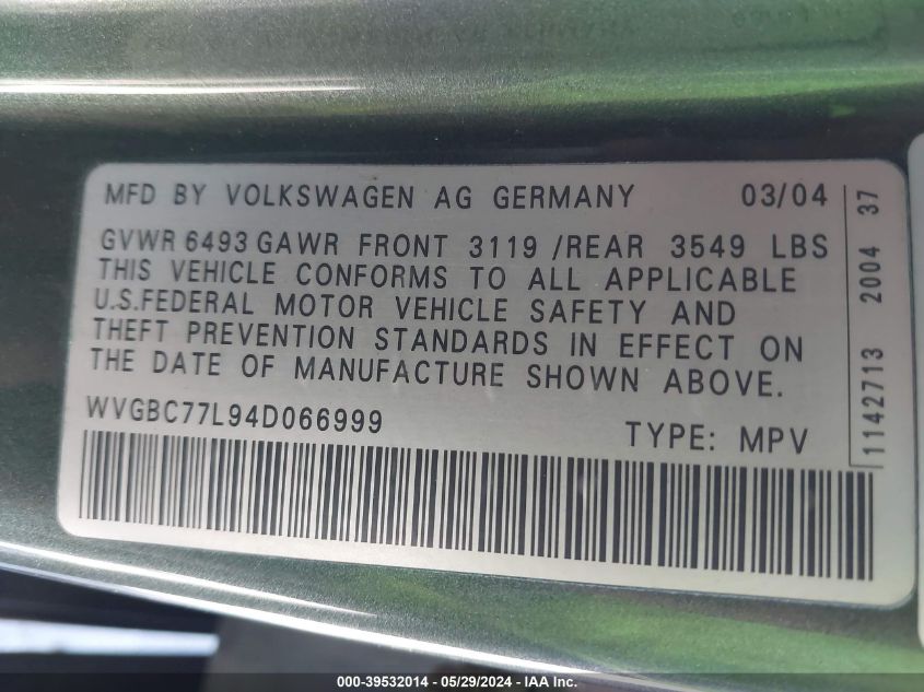 2004 Volkswagen Touareg V6 VIN: WVGBC77L94D066999 Lot: 39532014
