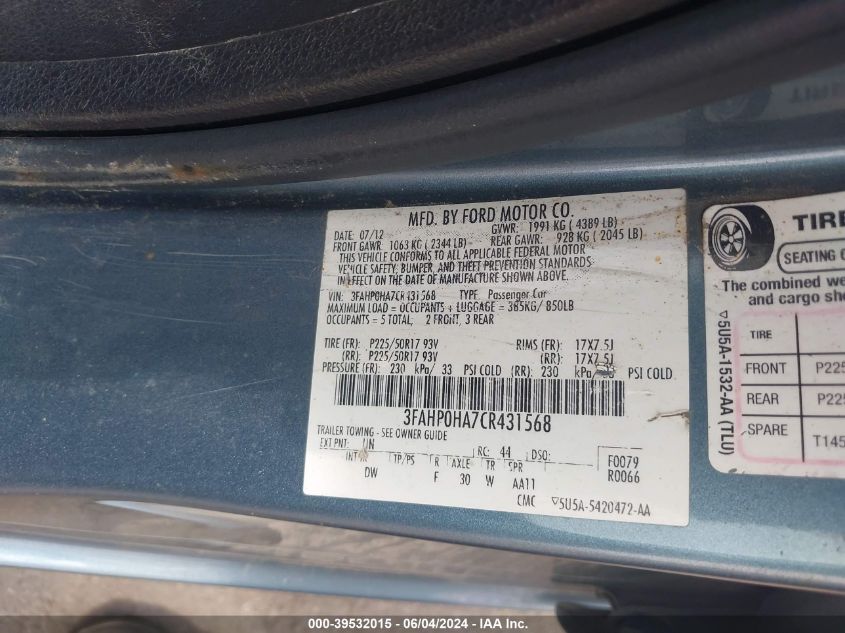 2012 Ford Fusion Se VIN: 3FAHP0HA7CR431568 Lot: 39532015