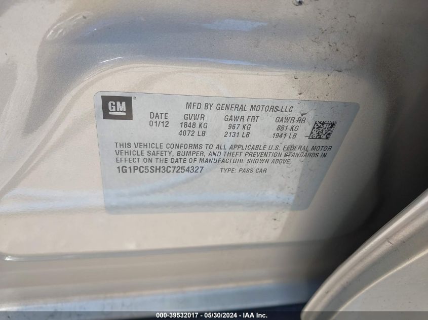 2012 Chevrolet Cruze Ls VIN: 1G1PC5SH3C7254327 Lot: 39532017