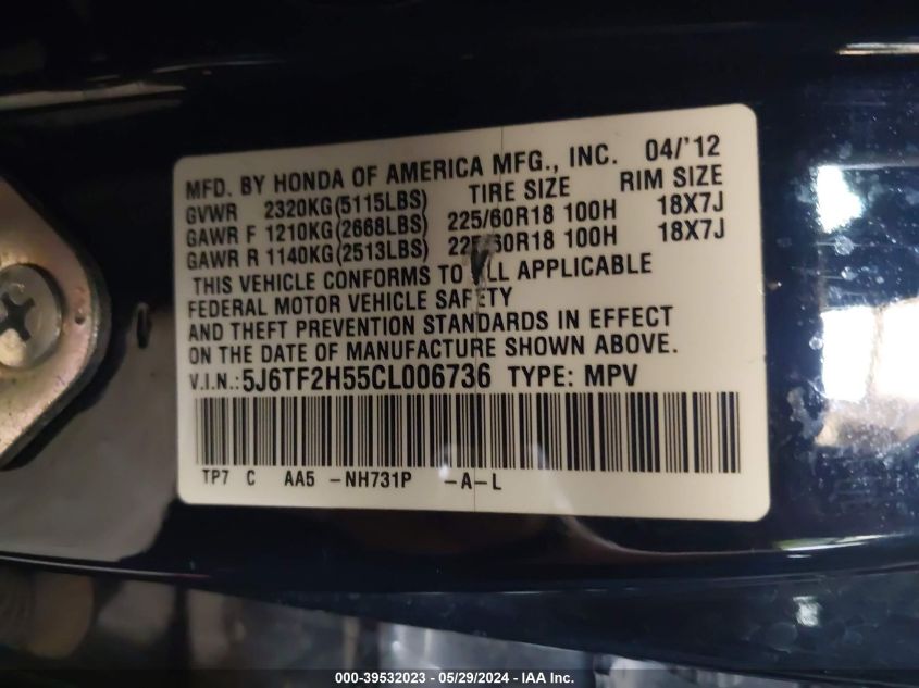 2012 Honda Crosstour Ex-L VIN: 5J6TF2H55CL006736 Lot: 39532023