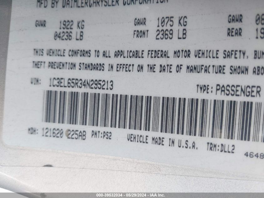 2004 Chrysler Sebring Limited VIN: 1C3EL65R34N295213 Lot: 39532034