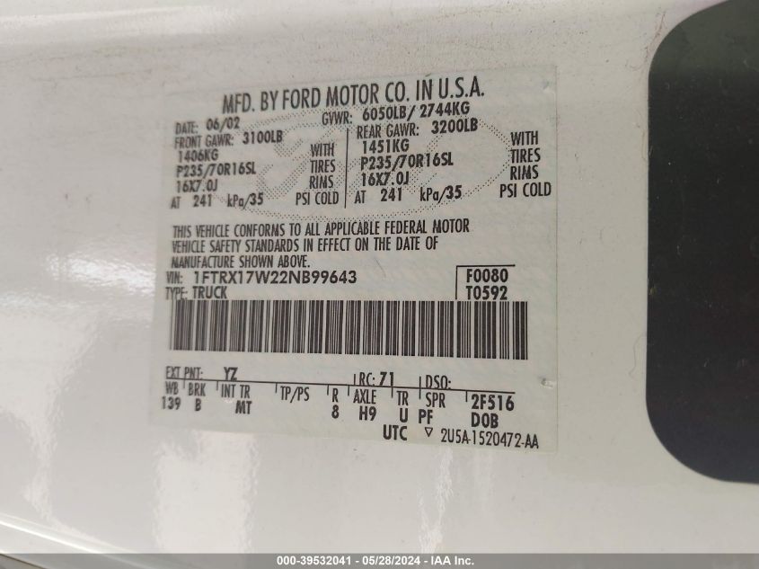 2002 Ford F-150 Lariat/Xl/Xlt VIN: 1FTRX17W22NB99643 Lot: 39532041
