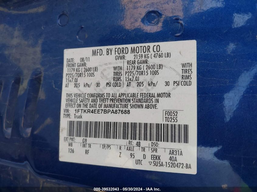 2011 Ford Ranger Xlt VIN: 1FTKR4EE7BPA87688 Lot: 39532043