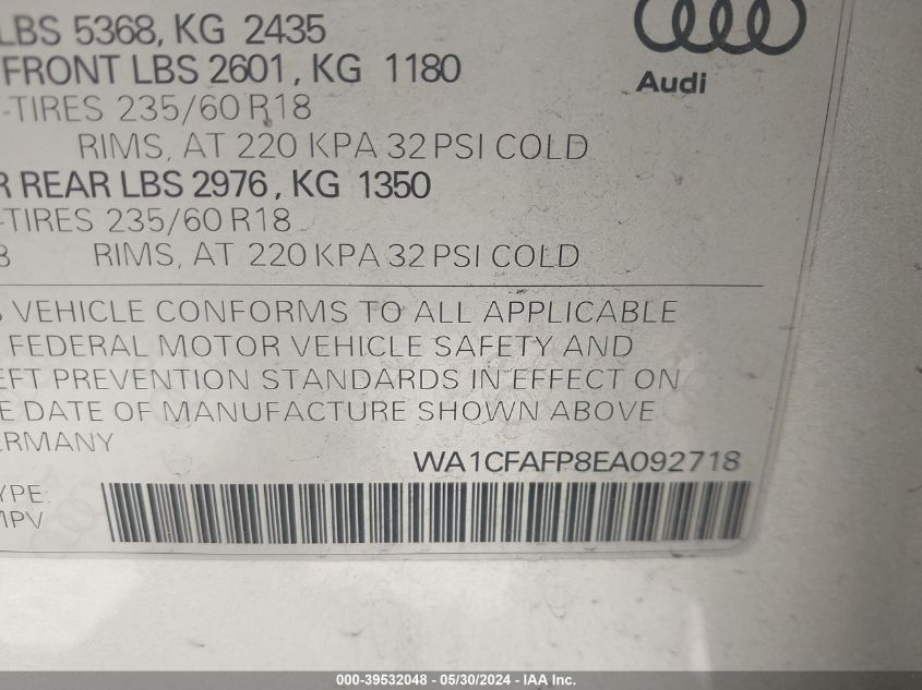 2014 Audi Q5 2.0T Premium VIN: WA1CFAFP8EA092718 Lot: 39532048