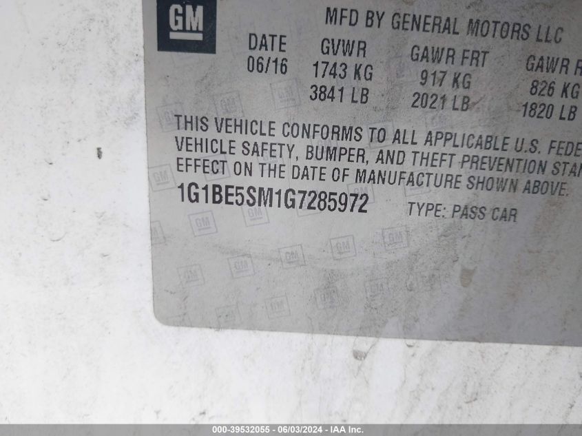 2016 Chevrolet Cruze Lt Auto VIN: 1G1BE5SM1G7285972 Lot: 39532055