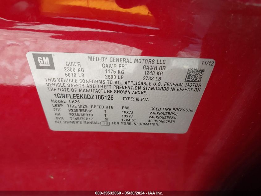 2013 Chevrolet Equinox 1Lt VIN: 1GNFLEEK0DZ106126 Lot: 39532060