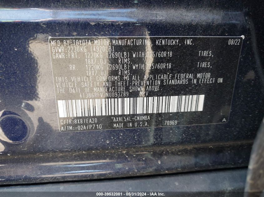 2022 Toyota Rav4 Xle Premium Hybrid VIN: 4T3B6RFV3NU093789 Lot: 39532081