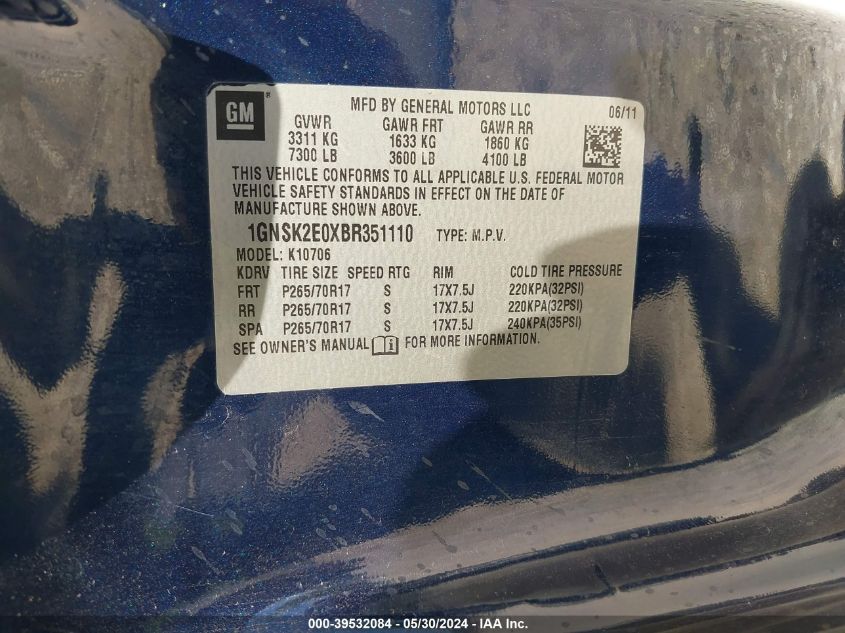 2011 Chevrolet Tahoe Commercial VIN: 1GNSK2E0XBR351110 Lot: 39532084