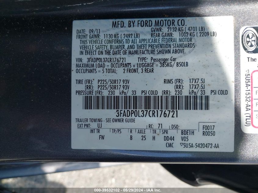2012 Ford Fusion Hybrid VIN: 3FADP0L37CR176721 Lot: 39532102