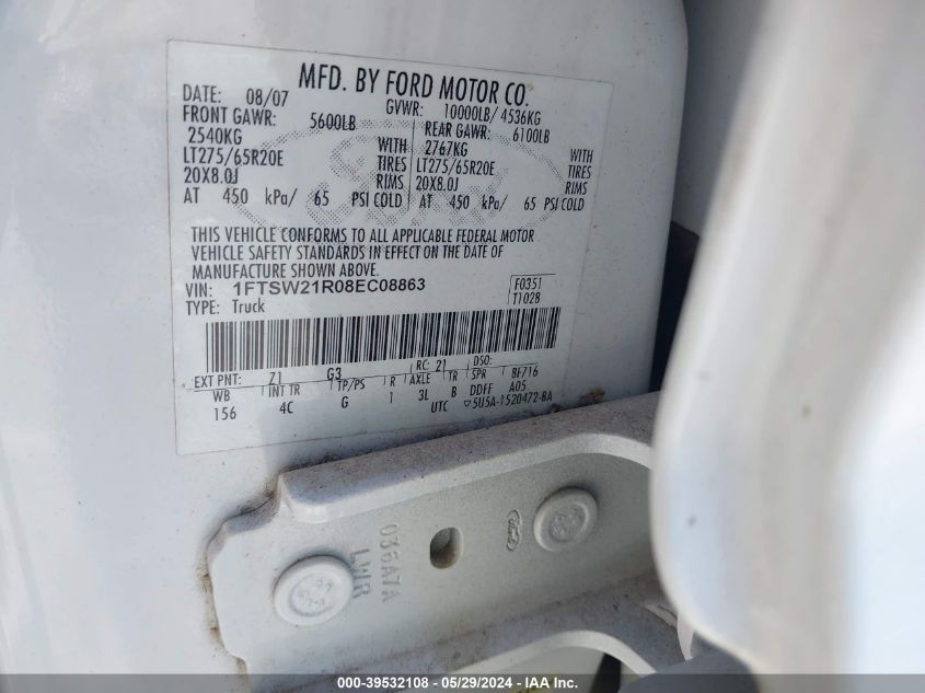 2008 Ford F-250 Fx4/Harley-Davidson/King Ranch/Lariat/Xl/Xlt VIN: 1FTSW21R08EC08863 Lot: 39532108
