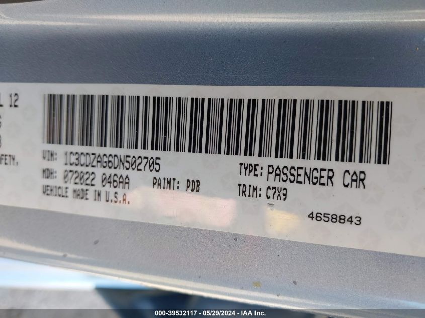 2013 Dodge Avenger Se V6 VIN: 1C3CDZAG6DN502705 Lot: 39532117