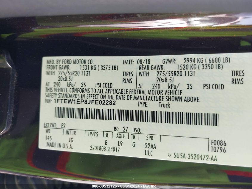 2018 Ford F-150 Xl VIN: 1FTEW1EP8JFE02282 Lot: 39532126