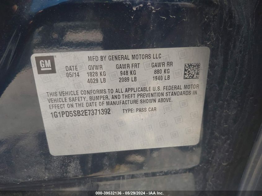 2014 Chevrolet Cruze 1Lt Manual VIN: 1G1PD5SB2E7371392 Lot: 39532136