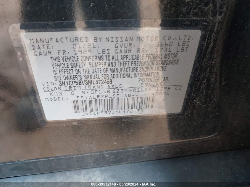 2021 Nissan Kicks S Xtronic Cvt VIN: 3N1CP5BV3ML472459 Lot: 39532148