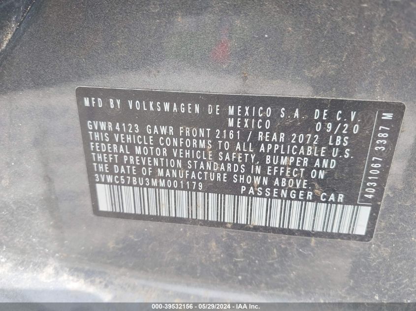 2021 Volkswagen Jetta 1.4T R-Line/1.4T S/1.4T Se VIN: 3VWC57BU3MM001179 Lot: 39532156