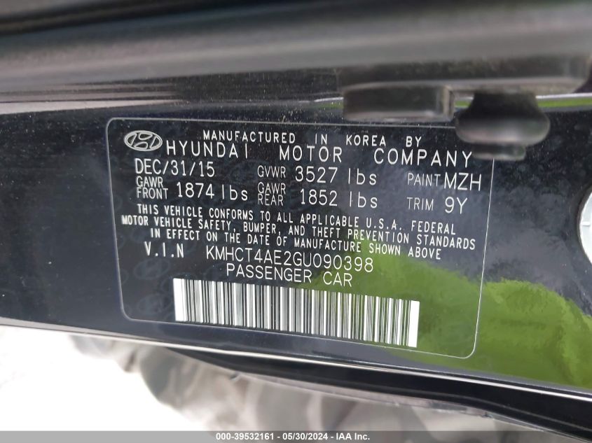 2016 Hyundai Accent Se VIN: KMHCT4AE2GU090398 Lot: 39532161