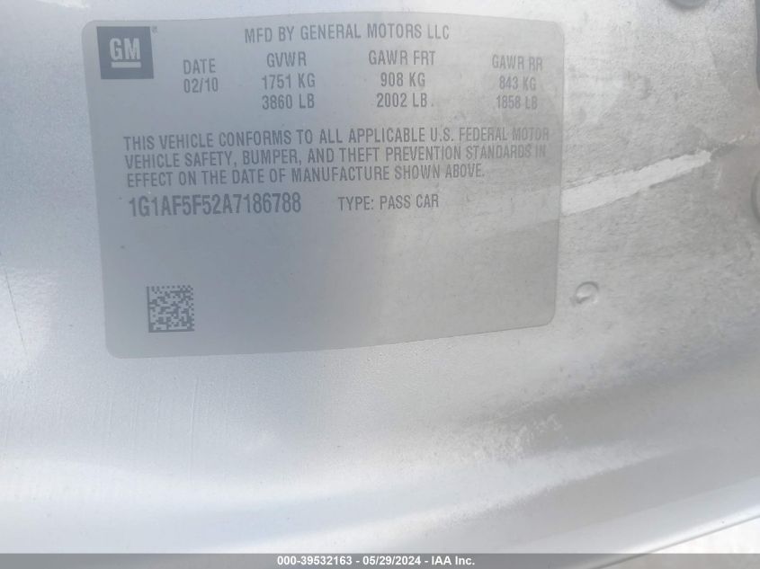 2010 Chevrolet Cobalt Lt VIN: 1G1AF5F52A7186788 Lot: 39532163