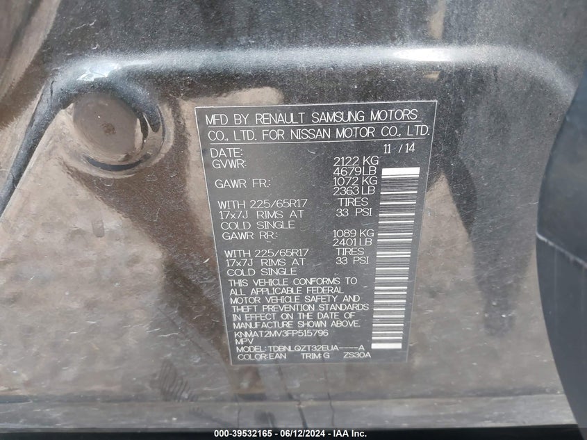 2015 Nissan Rogue Sv VIN: KNMAT2MV3FP515796 Lot: 39532165