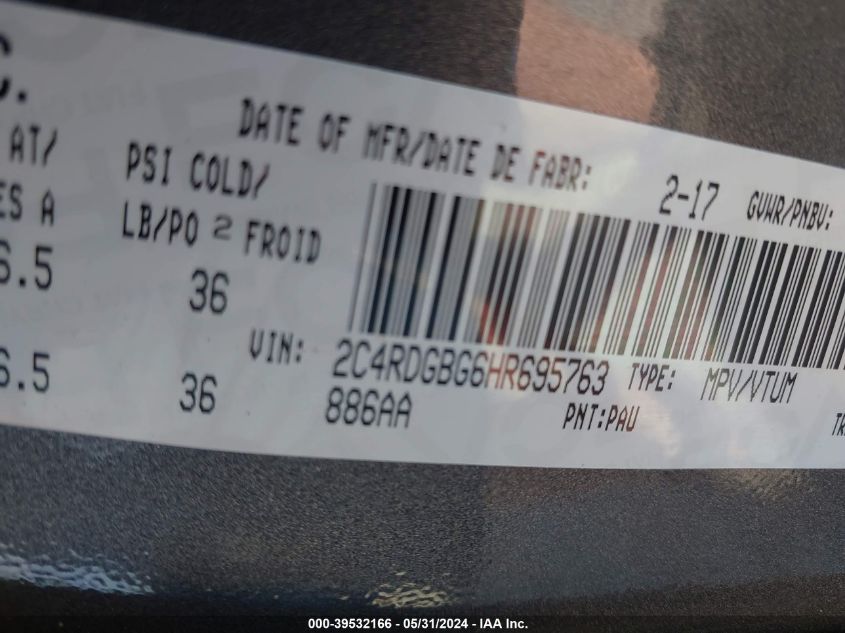 2017 Dodge Grand Caravan Cvp/Sxt VIN: 2C4RDGBG6HR695763 Lot: 39532166