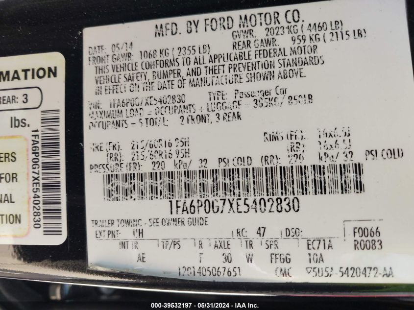 2014 Ford Fusion S VIN: 1FA6P0G7XE5402830 Lot: 39532197