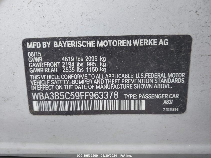 2015 BMW 328I xDrive VIN: WBA3B5C59FF963378 Lot: 39532200