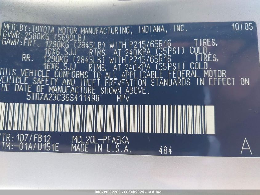 2006 Toyota Sienna Ce VIN: 5TDZA23C36S411498 Lot: 39532203