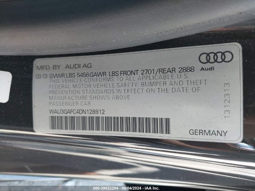 2013 Audi A7 3.0T Premium VIN: WAU3GAFC4DN128912 Lot: 39532204