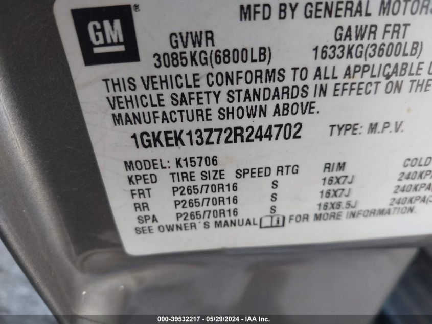 2002 GMC Yukon Slt VIN: 1GKEK13Z72R244702 Lot: 39532217