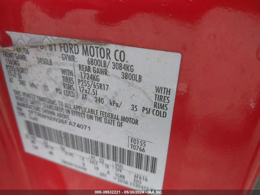 2006 Ford F-150 Xlt VIN: 1FTRW12W26FA74071 Lot: 39532221