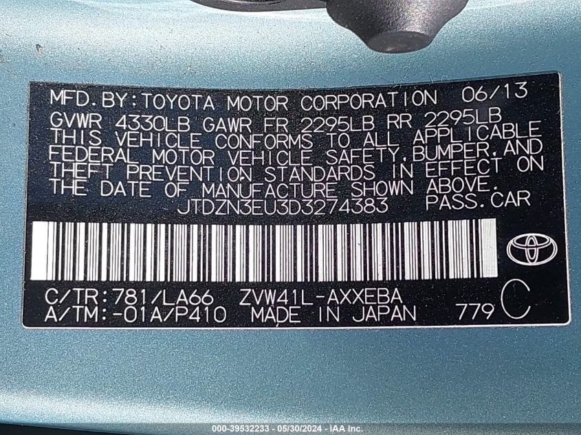 2013 Toyota Prius V Five VIN: JTDZN3EU3D3274383 Lot: 39532233