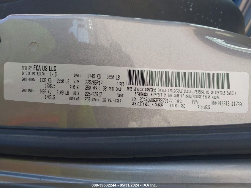 2015 Dodge Grand Caravan Se Plus VIN: 2C4RDGBG3FR672177 Lot: 39532244