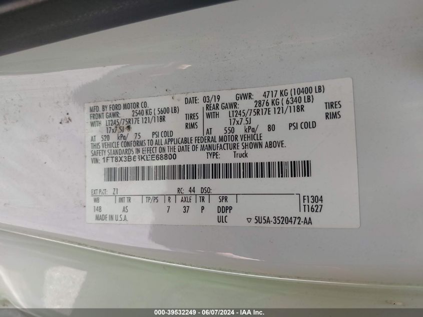 2019 Ford F-350 Xl VIN: 1FT8X3B63KEE68800 Lot: 39532249