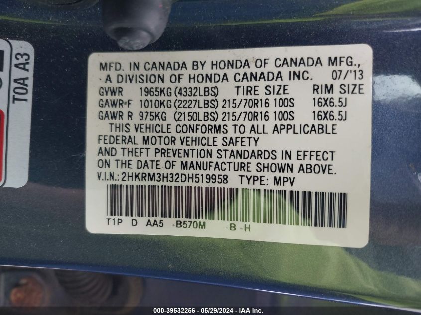 2013 Honda Cr-V Lx VIN: 2HKRM3H32DH519958 Lot: 39532256