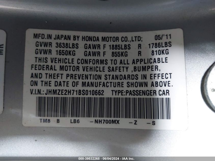 JHMZE2H71BS010662 2011 Honda Insight Ex