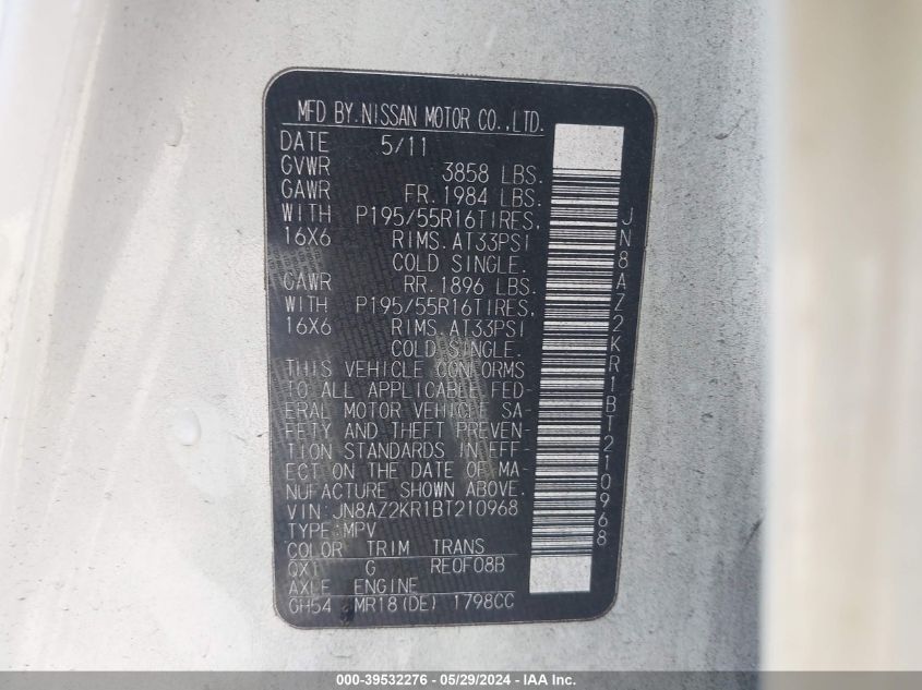 2011 Nissan Cube 1.8 Krom VIN: JN8AZ2KR1BT210968 Lot: 39532276