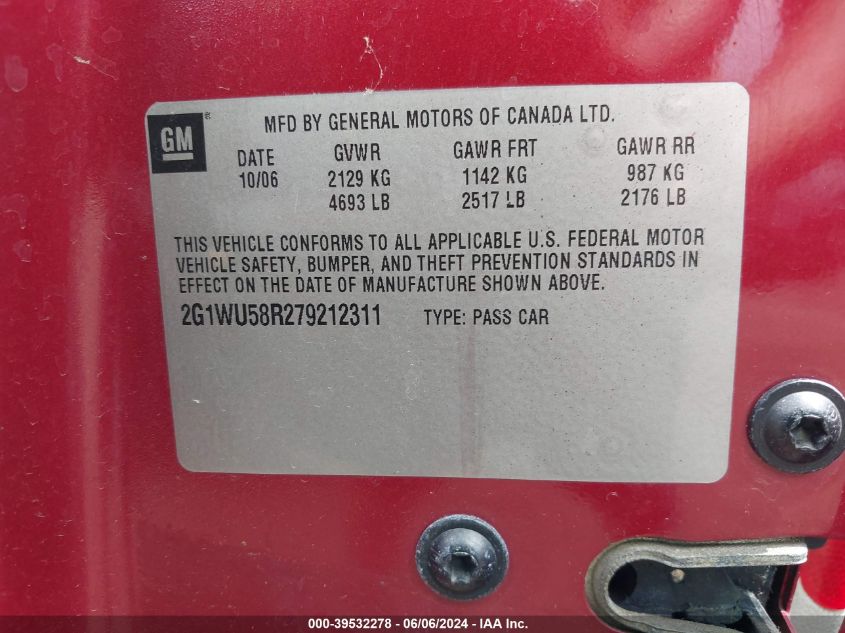 2007 Chevrolet Impala Ltz VIN: 2G1WU58R279212311 Lot: 39532278
