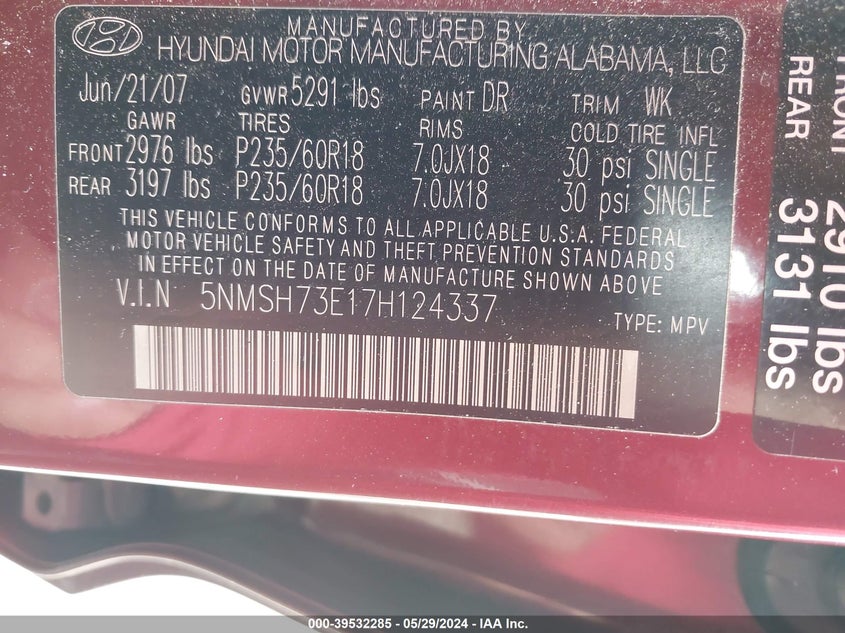 2007 Hyundai Santa Fe Limited/Se VIN: 5NMSH73E17H124337 Lot: 39532285