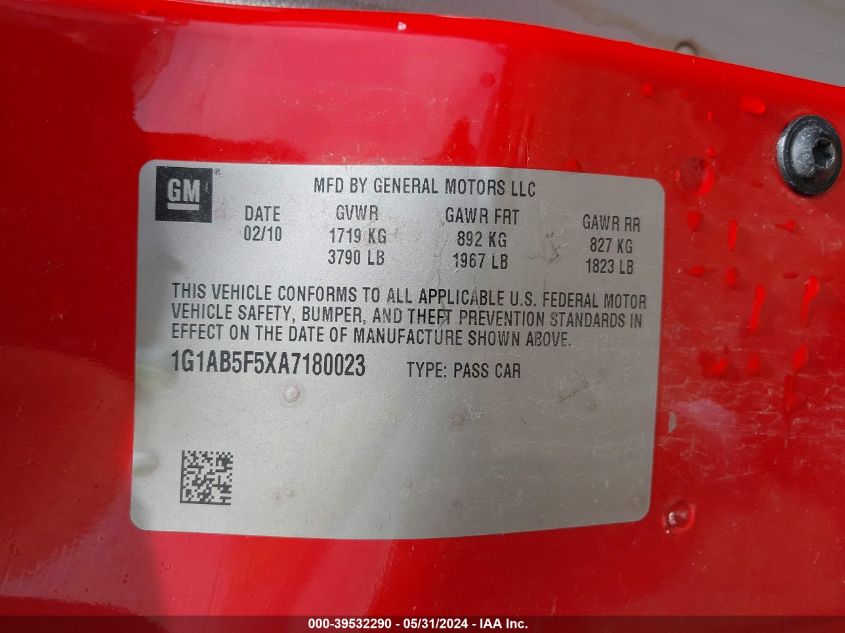 2010 Chevrolet Cobalt Ls VIN: 1G1AB5F5XA7180023 Lot: 39532290