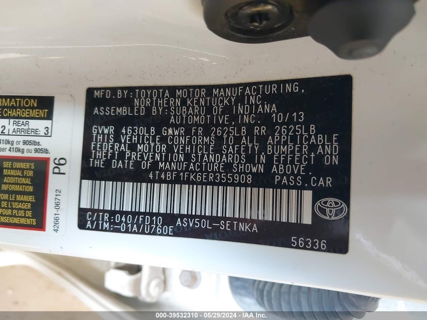 2014 Toyota Camry Le VIN: 4T4BF1FK6ER355908 Lot: 39532310