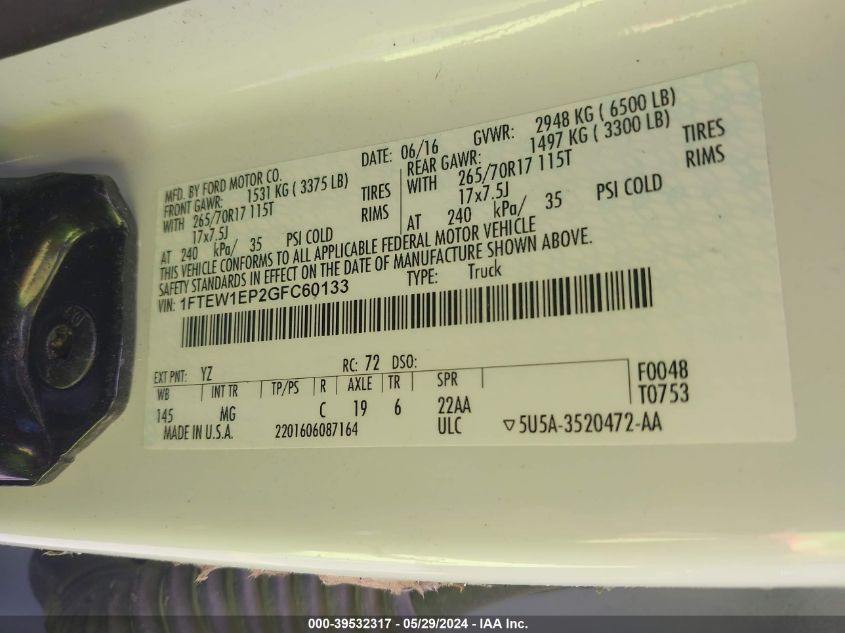 2016 Ford F-150 Xlt VIN: 1FTEW1EP2GFC60133 Lot: 39532317