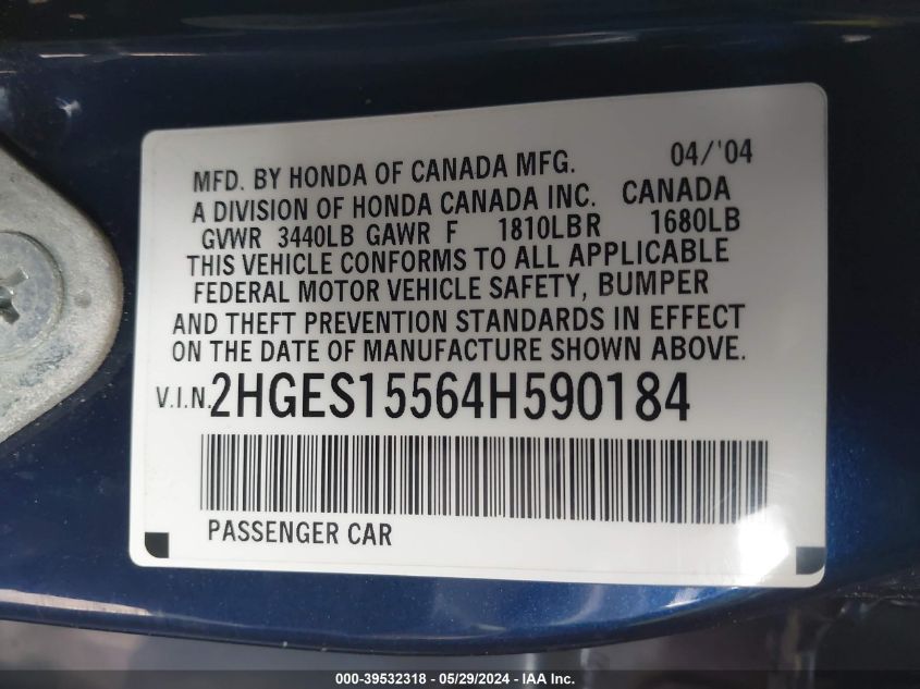 2004 Honda Civic Lx VIN: 2HGES15564H590184 Lot: 39532318