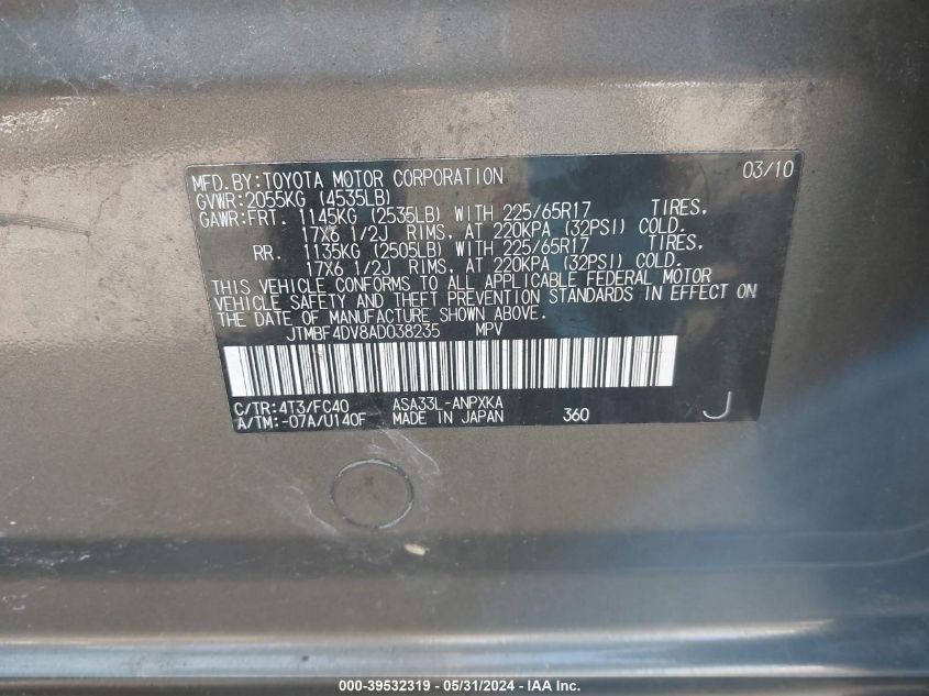 2010 Toyota Rav4 VIN: JTMBF4DV8AD038235 Lot: 39532319