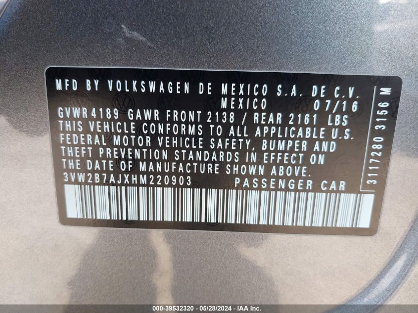 2017 Volkswagen Jetta 1.4T S VIN: 3VW2B7AJXHM220903 Lot: 39532320