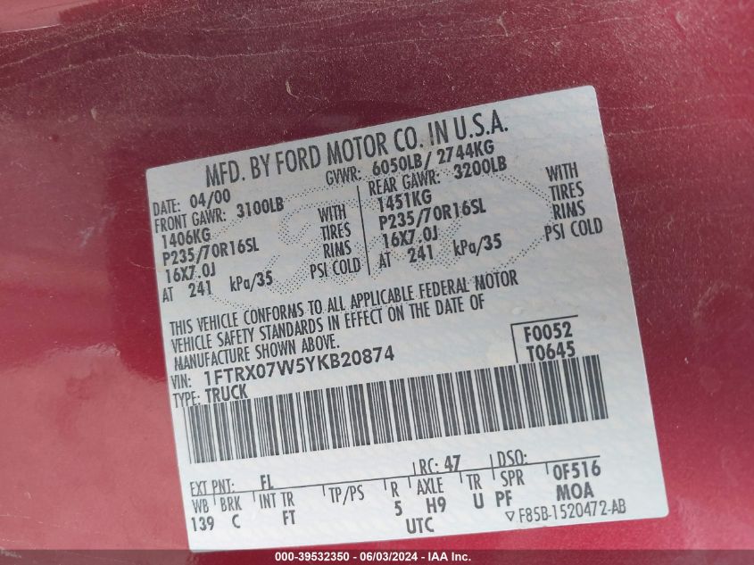 2000 Ford F150 VIN: 1FTRX07W5YKB20874 Lot: 39532350