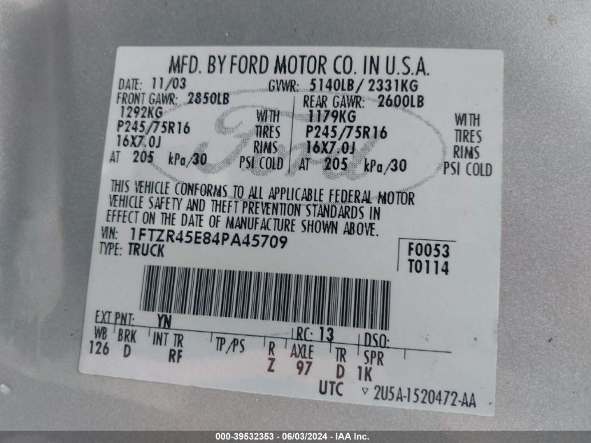 2004 Ford Ranger Super Cab VIN: 1FTZR45E84PA45709 Lot: 39532353